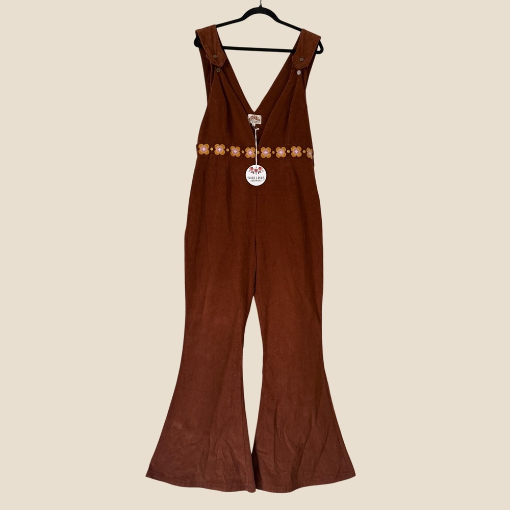 Nine Lives Bazaar Women Boho Foxy Overalls Brown Corduroy Flare Festival Size 14